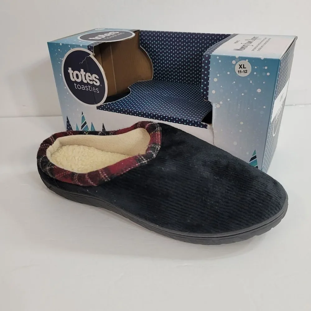 Totes Slide Slippers Mens XL 11-12 Black Corduroy Faux Fur Lined‎